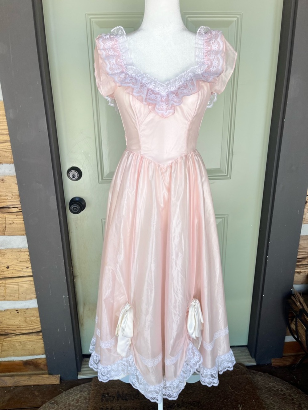GUNNE SAX Vtg Pink Satin Dress Draped Lace Overlay Bow Princess Victorian 1970